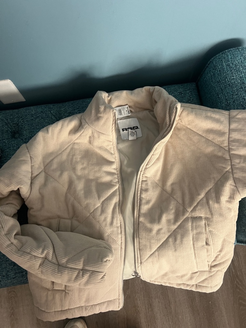 RSQ Cream Corduroy Cropped Quilted Puffer Jacket